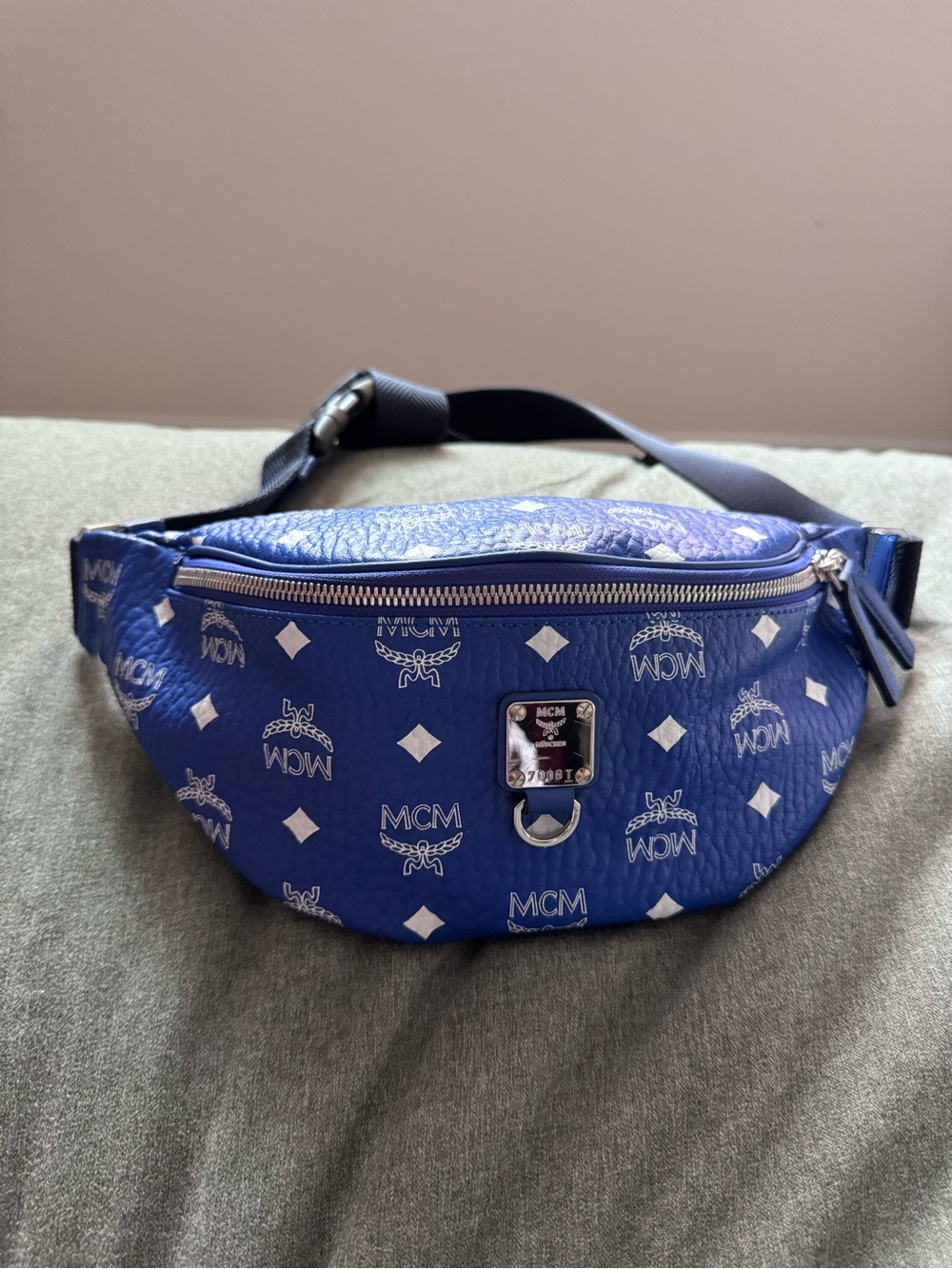 MCM Blue Fanny Canvas Belt Bag